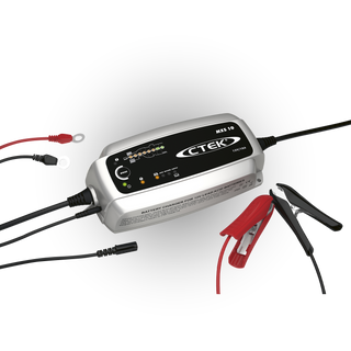 Battery charger MXS 10 with cables and clamps on a white background, featuring the CTEK brand.
