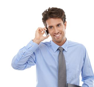 happy businessman phone call discussion communication proposal white studio background man employee smile talking mobile smartphone business conversation mockup 1